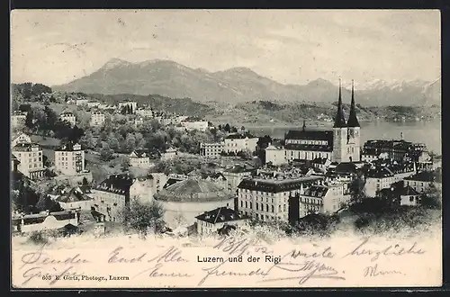 AK Luzern, Teilansicht mit Kirche und Rigi