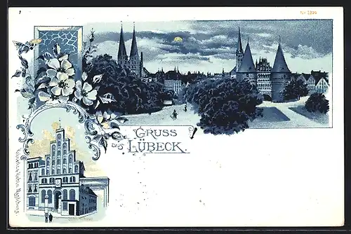 Lithographie Lübeck, Ortspartie mit Kirche, Gebäudeansicht