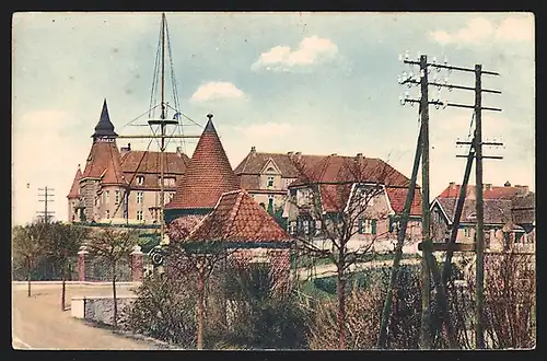 AK Eckernförde, Ansicht des Alters-und Invalidenheim mit dem Signalmast von der Schleswiger Chaussee aus