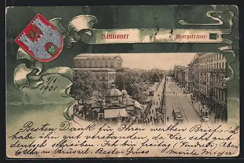 AK Hannover, Blick in die Georgstrasse, Wappen der Stadt, Strassenbahn