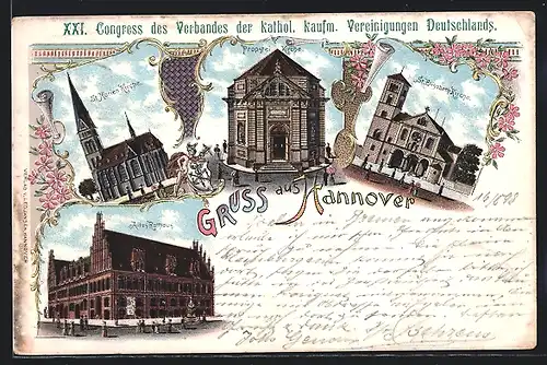 Lithographie Hannover, XXI. Congress des Verbandes der kathol. kaufm. Vereinigungen Deutschlands, Altes Rathaus