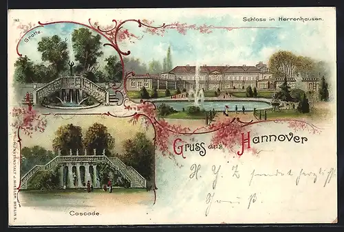 Lithographie Hannover, Grotte, Cascade, Schloss in Herrenhausen