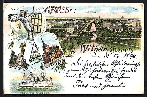 Lithographie Wilhelmshaven, Ortsansicht mit Adalbertstrasse, Matrose, Panzerschiff König Wilhelm