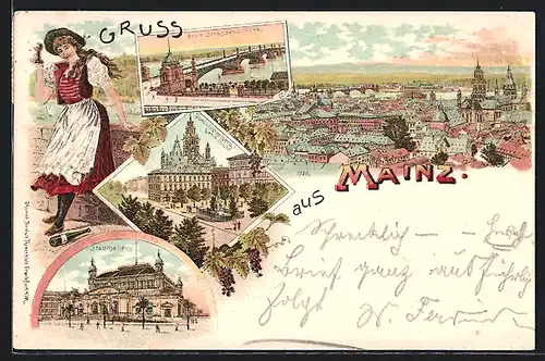 Lithographie Mainz, Ortsansicht, Neue Strassenbrücke, Dom, Stadthalle