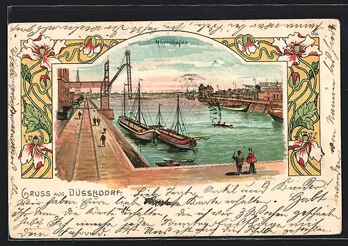 Lithographie Düsseldorf, Schiff im Rheinhafen