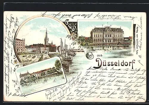 Lithographie Düsseldorf, Provinzial-Ständehaus, Rhein-Werft, Der grosse Teich