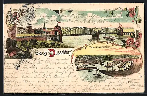 Lithographie Düsseldorf, Rheinbrücke, Neuer Rheinhafen