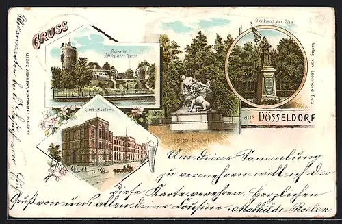 Lithographie Düsseldorf, Kunst-Akademie, Ruine im Zoologischen Garten, Krieger-Denkmal