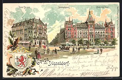 Lithographie Düsseldorf, Hotel Bristol und Bahnhofs-Hotel am Bahnhofsplatz, Wappen