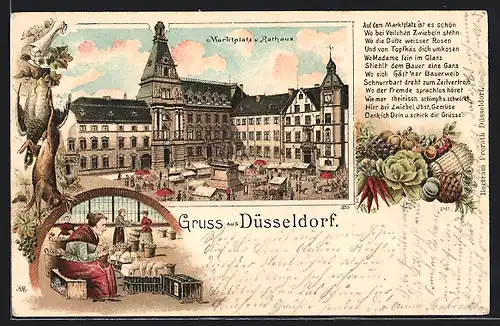 Lithographie Düsseldorf, Marktplatz und Rathaus, Marktfrau am Stand