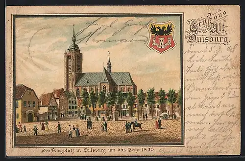 Lithographie Duisburg, Der Burgplatz mit Kirche um das Jahr 1835