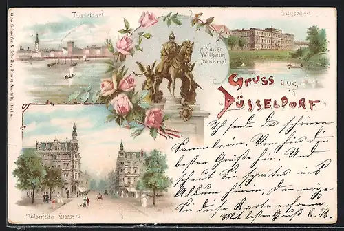 Lithographie Düsseldorf, Kaiser Wilhelm Denkmal, Postgebäude, Elberfelder Strasse, Uferpartie