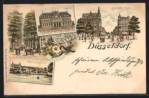 Lithographie Düsseldorf, Ständehaus, Elberfelder Strasse, Hofgarten mit grossem Teich