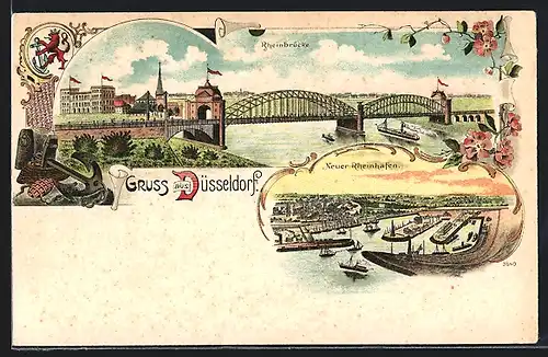 Lithographie Düsseldorf, Neuer Rheinhafen und Rheinbrücke