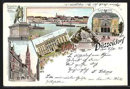 Lithographie Düsseldorf, Kunst-Halle, Justizgebäude, Blumenstrasse mit Johanniskirche