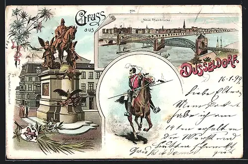 Lithographie Düsseldorf, Kaiser Wilhelm Denkmal, Neue Rheinbrücke