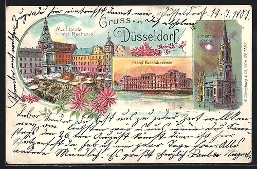 Lithographie Düsseldorf, Marktplatz mit Rathaus, Königl. Kunstalademie