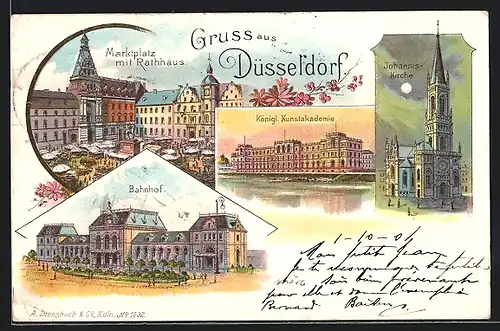 Lithographie Düsseldorf, Königliche Kunstakademie, Bahnhof, Marktplatz mit Rathaus