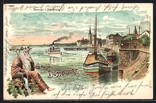 Lithographie Düsseldorf, Dampfer an der Schiffbrücke, Vater Rhein