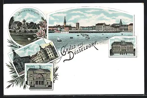 Lithographie Düsseldorf, Kunsthalle, Brunnen in der Königsallee, Markt, Ständehaus, Totalansicht