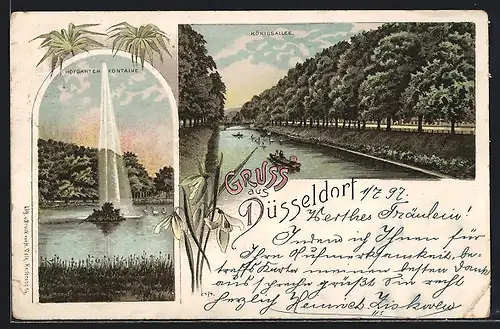 Lithographie Düsseldorf, Königsallee, Hofgarten-Fontäne