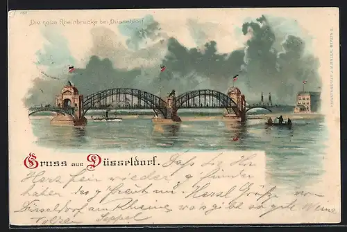 Lithographie Düsseldorf, Rheinbrücke mit Boot