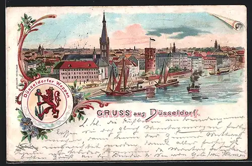 Lithographie Düsseldorf, Uferpartie mit Kirche, Wappen