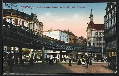 AK Hamburg, Rödingsmarkt Grasskeller-Ecke mit Hochbahn