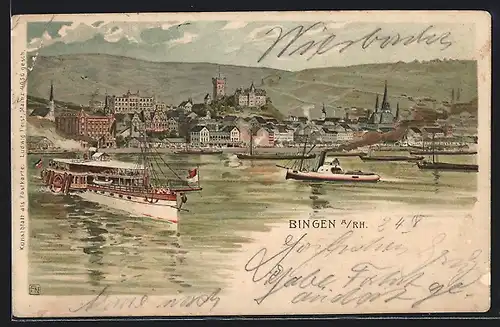 Lithographie Bingen a. Rh., Uferpartie mit Dampfbooten