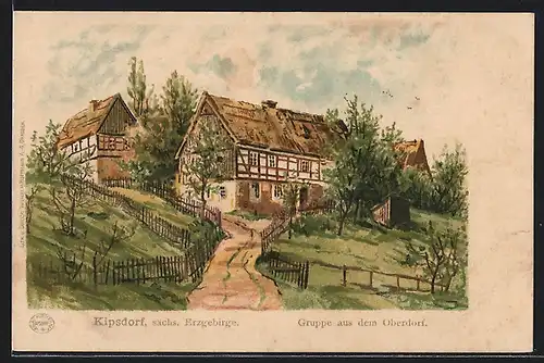 Lithographie Kipsdorf, Häusergruppe aus dem Oberdorf