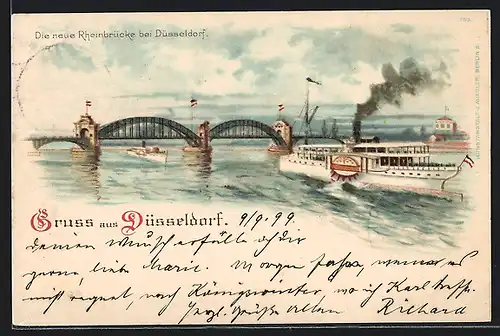 Künstler-AK Düsseldorf, Dampfer an der neuen Rheinbrücke
