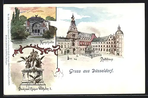 Lithographie Düsseldorf, Denkmal am Rathaus, vor der Kunsthalle, das Denkmal Kaiser Wilhelm I.