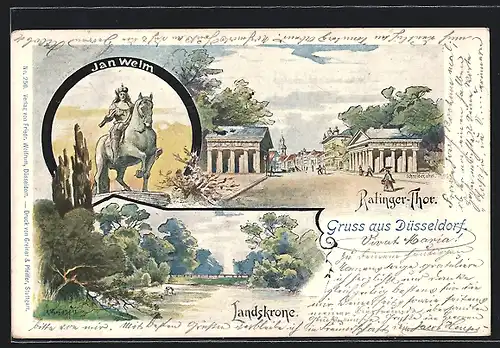 Lithographie Düsseldorf, Ratinger-Tor und Landskrone, Denkmal Jan Welm