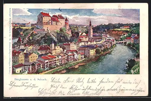 Künstler-AK Burghausen / Salzach, Totalansicht mit Blick nach der Burg