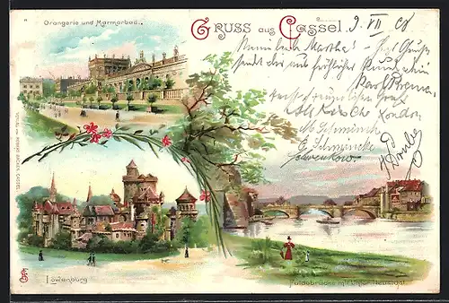 Lithographie Cassel, Orangerie und Marmorbad, Löwenburg, Fuldabrücke
