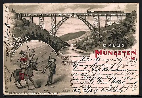 Lithographie Müngsten a. d. W., Kaiser Wilhelm-Brücke, Eselritt