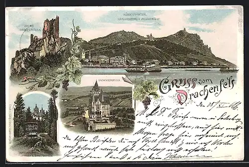 Lithographie Königswinter, Ruine Drachenfels, Drachenburg und Zahnradbahn zum Drachenfels