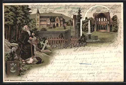 Lithographie Heisterbach, Betender Mönch an der Kirche