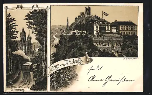 Lithographie Königswinter, Restaurant Drachenfels, Zahnradbahn