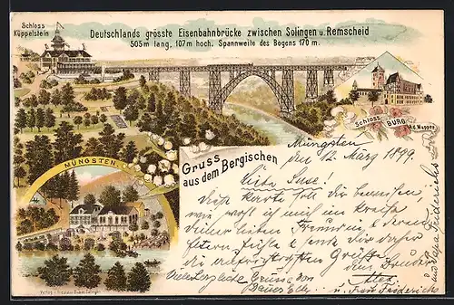Lithographie Müngsten, Schloss Küppelstein und Eisenbahnbrücke, Schloss Burg an der Wupper