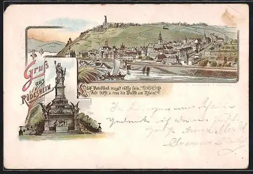 Lithographie Rüdesheim, Panoramablick auf den Ort, Nationaldenkmal auf dem Niederwald