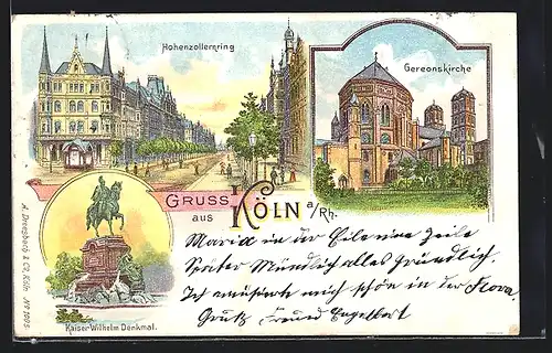 Lithographie Köln a. Rh., Gereonskirche, Hohenzollernring, Kaiser Wilhelm Denkmal