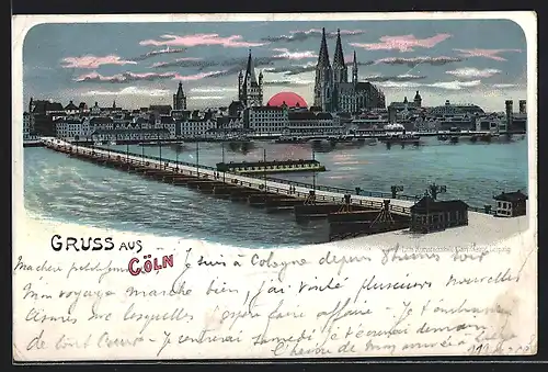 Lithographie Köln, Stadt-Panorama bei Sonnenuntergang