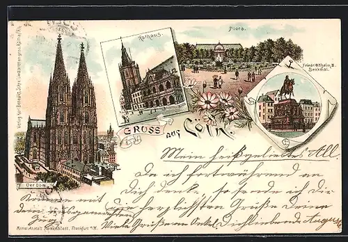 Lithographie Köln-Riehl, Flora, Friedrich Wilhelm III.-Denkmal, Rathaus