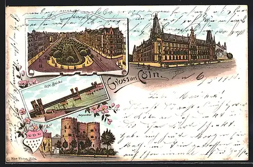 Lithographie Köln-Neustadt, Kaiser-Wilhelm-Ring, Post, Feste Brücke, Hahnethor