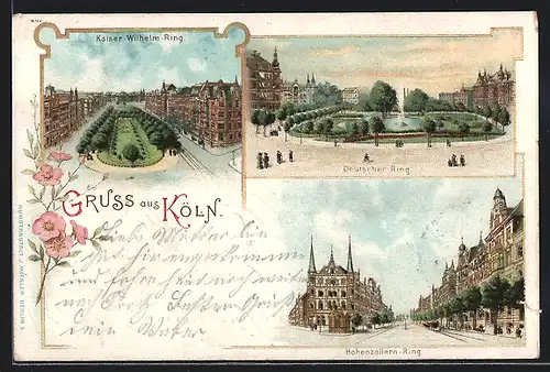 Lithographie Köln-Neustadt, Hohenzollern-Ring, Kaiser-Wilhelm-Ring, Deutscher Ring