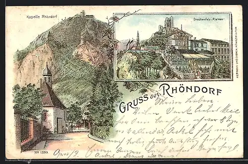 Lithographie Rhöndorf, Kapelle und Drachenfels-Plateau