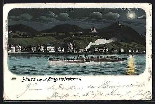 Lithographie Königswinter a. Rh., Dampfer bei nächtlicher Fahrt vor dem Ort