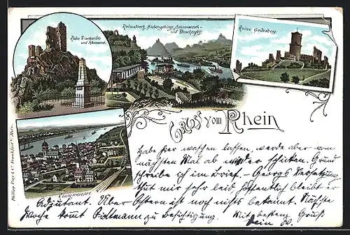 Lithographie Königswinter a. Rh., Ruine Drachenfels und Monument, Ortsansicht