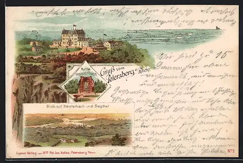 Vorläufer-Lithographie Petersberg a. Rhein, 1895, Hotel Petersberg, Ruine Heisterbach